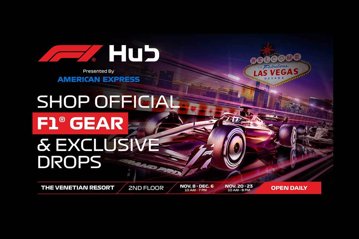 Promotional graphic for the F1 Hub Presented by American Express at The Venetian Resort, text reads “Shop official F1 gear & exclusive drops”.