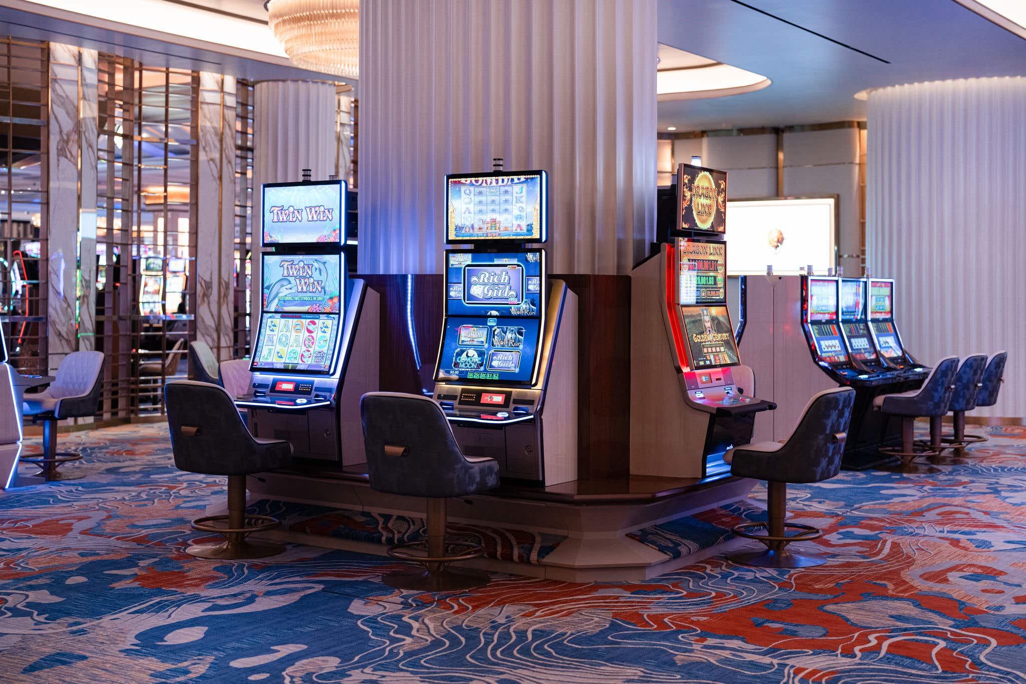 A bank of slot machines at the High-Limit Salon