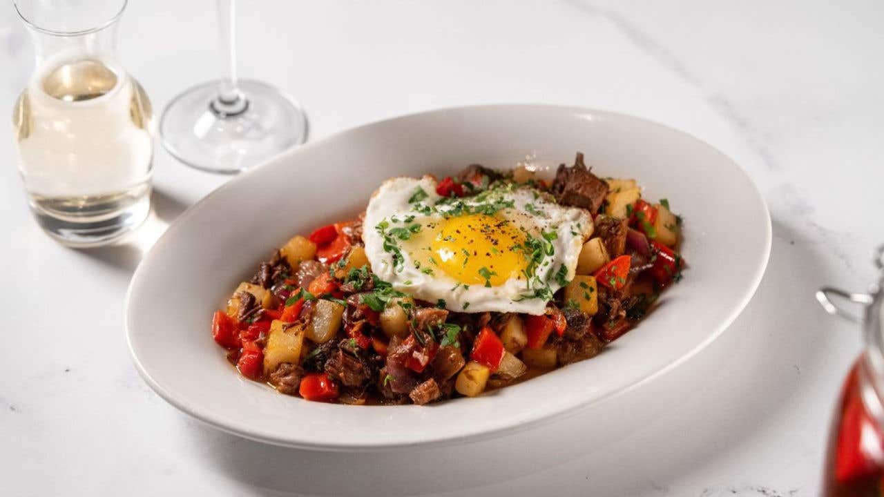 Short rib hash topped with a sunny side up egg.