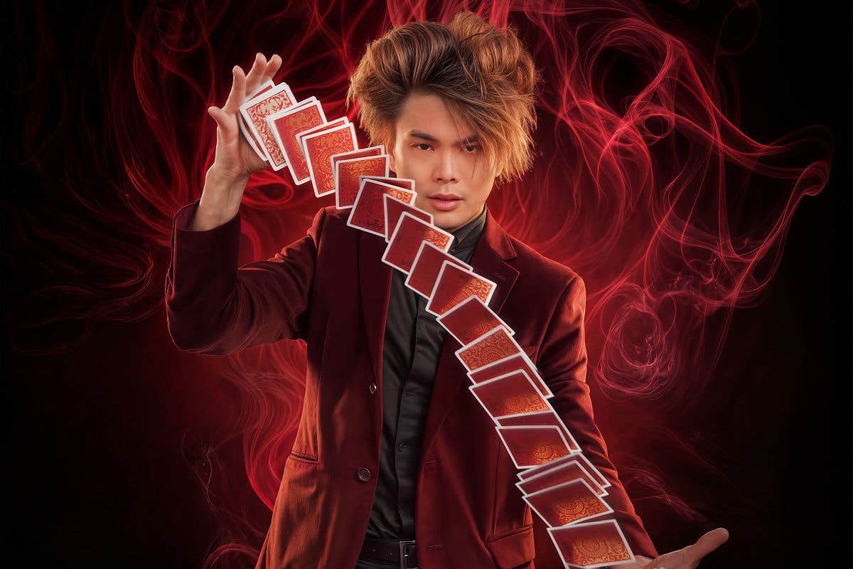 Shin Lim in a red suit performs a card trick with cascading playing cards and red smoke in the background.