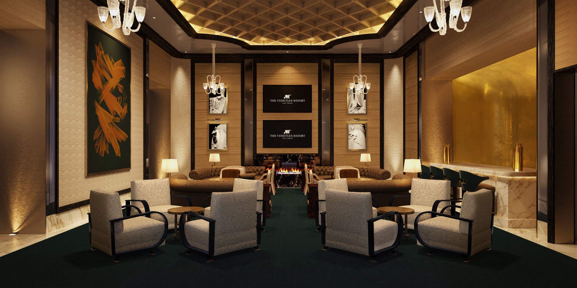 Luxurious lounge with plush seating, a central fireplace, modern chandeliers, warm lighting, wood accents, and a patterned ceiling creating an elegant, private retreat.