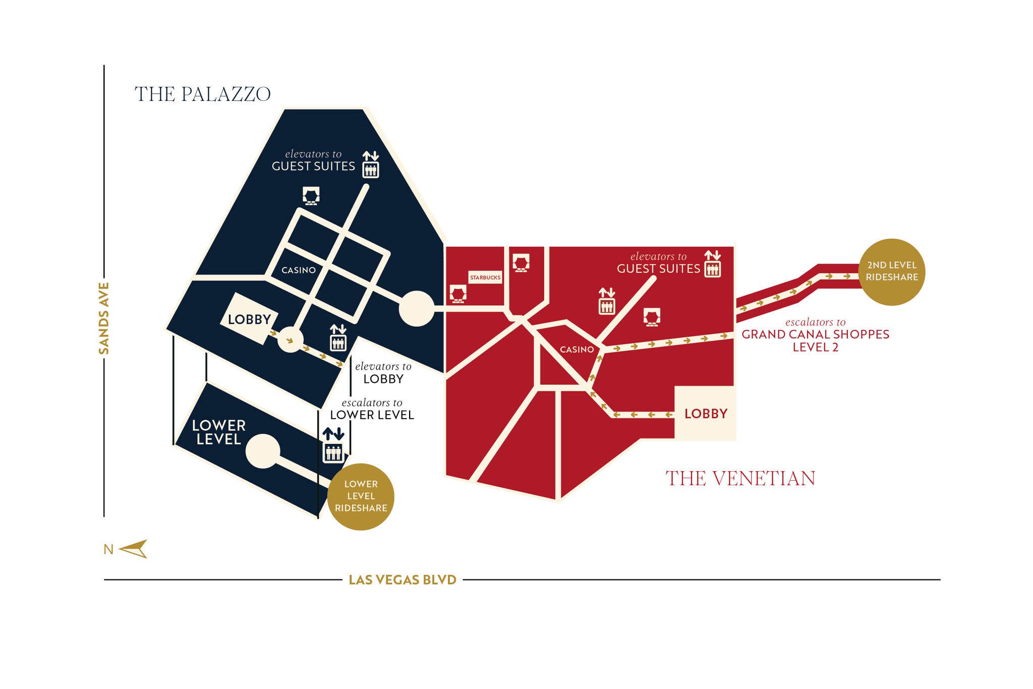 Map of The Palazzo and The Venetian Towers, showing casino, guest suites, lobbies, and directions between levels.