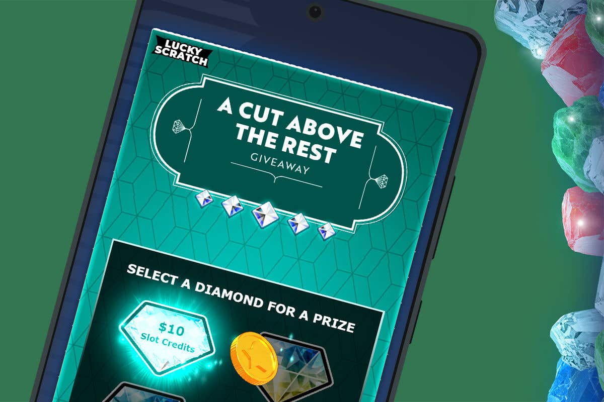 Mobile scratch-off game screen showing a diamond prize giveaway with a "$10 Slot Credits" reward.