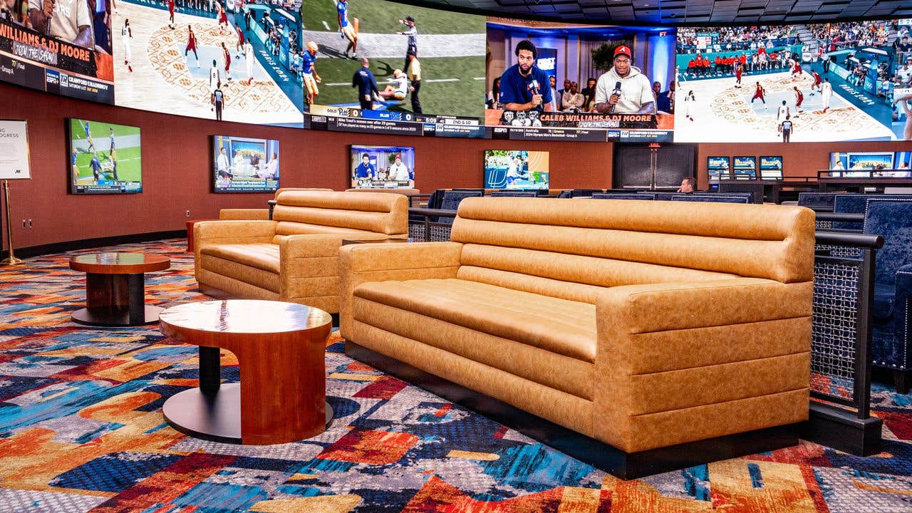 Couches and lounge tables at Yahoo Sportsbook at The Venetian Resort Las Vegas.