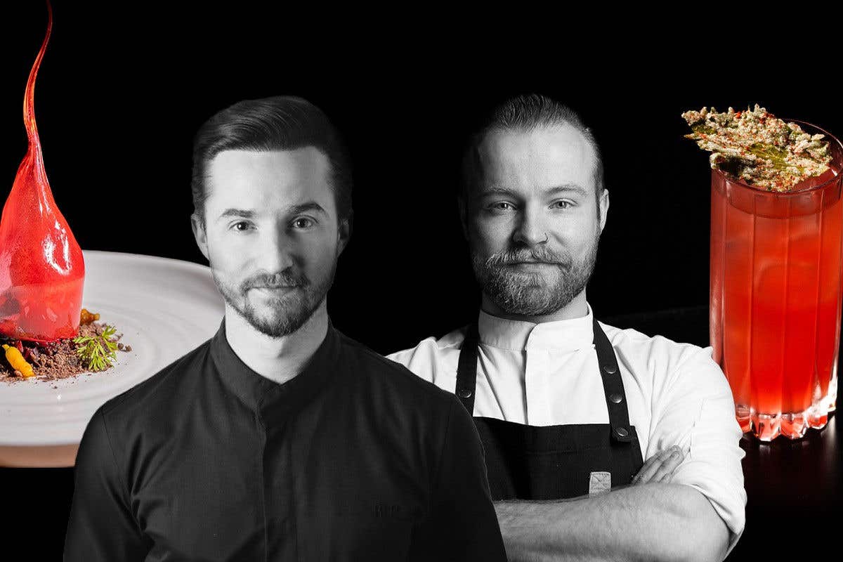 Two culinary professionals posed with a plated dinner entree and a red cocktail against a black background.