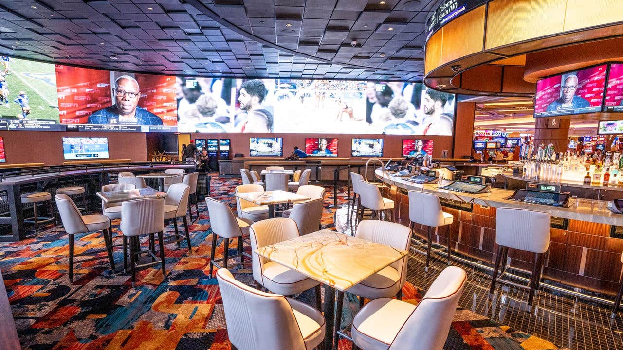 High chairs and tables at Yahoo Sportsbook at The Venetian Resort Las Vegas.