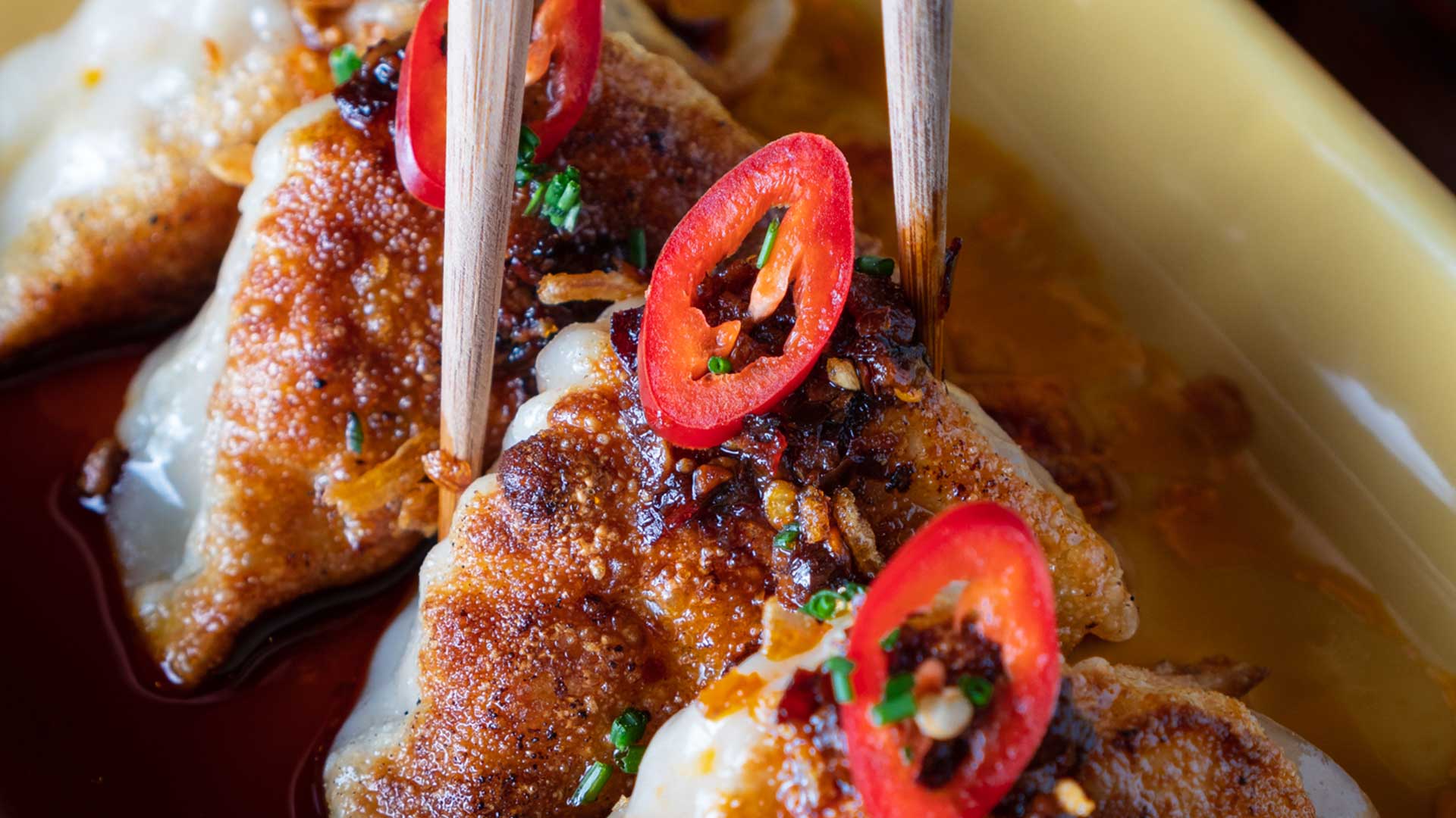 Chicken Gyoza with Chili Garlic Sauce from TAO Asian Bistro