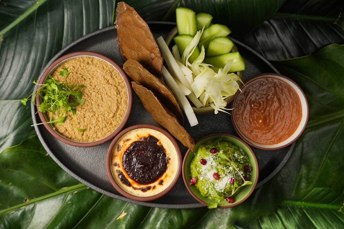 A vibrant platter with dips, crackers, cucumber, cheese, and various sauces on a leaf background.