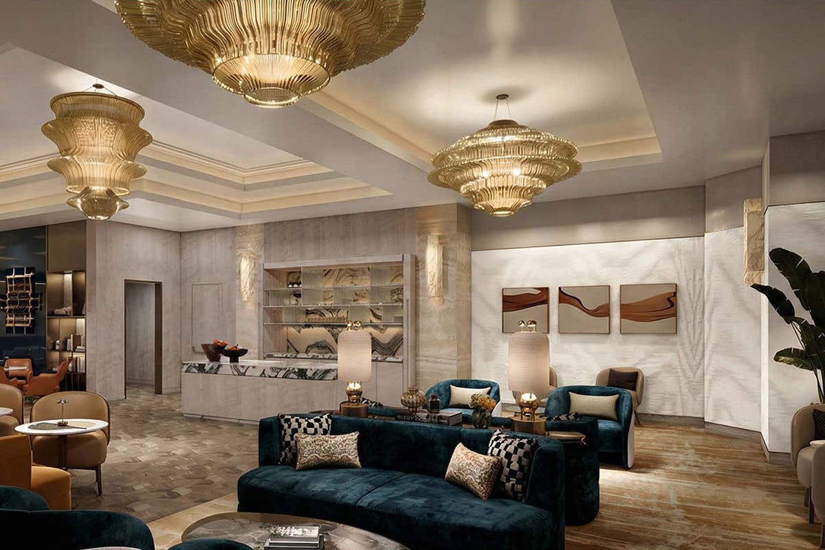 Elegant private concierge lounge with velvet seating, marble finishes, and decorative chandeliers.